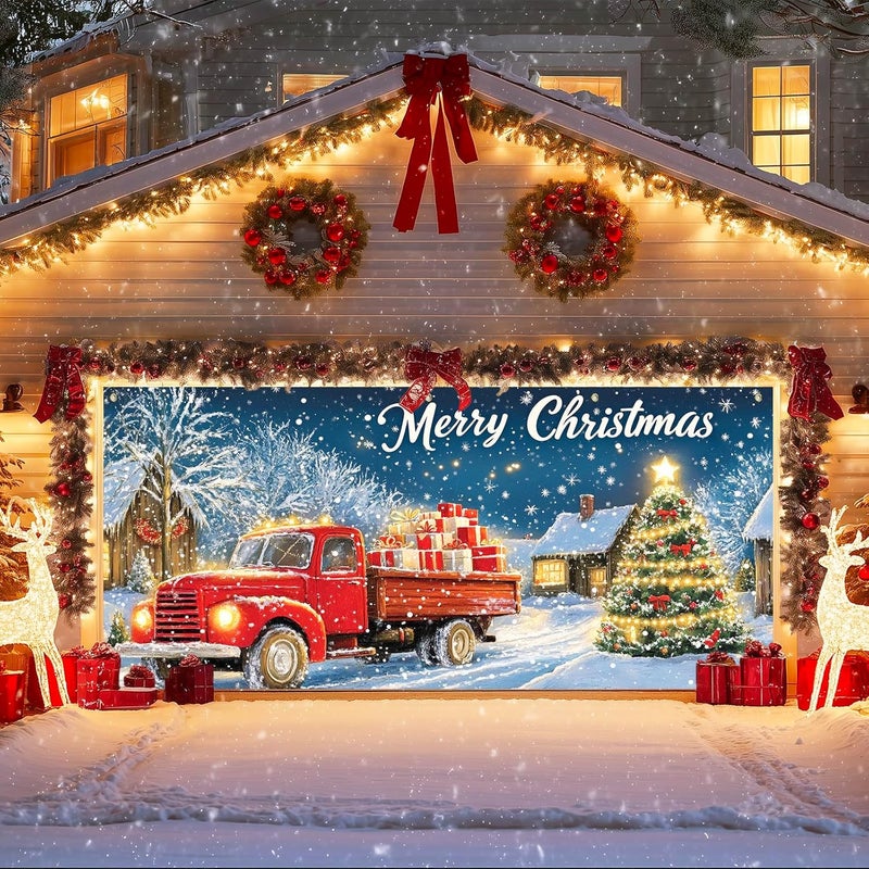 IVN Christmas Garage Door Banner 6x13 ft Red Vintage Truck with Gifts Backdrop Garage Door Covers Decorative Holiday Garage Door Cover Mural Snowy Christmas Tree Scene - Image 1